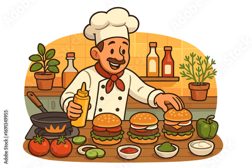 Cartoon chef character cooking delicious burgers. Man in uniform preparing fast food at restaurant kitchen counter. Vector illustration of culinary professional with fresh ingredients.