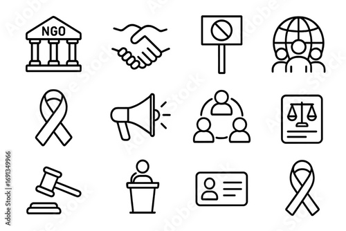 Consumer Advocacy Icons. Outline icon set of consumer advocacy organizations: NGO building, handshake, protest sign, globe with