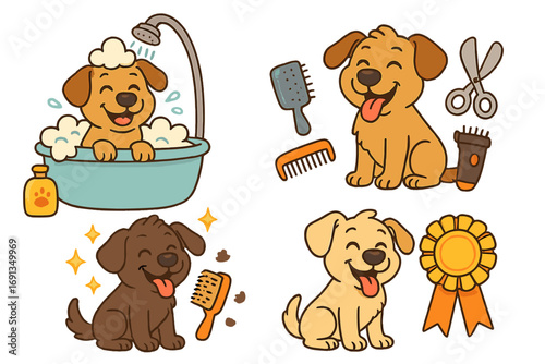 Dog grooming cartoon icon set. Happy puppy pet care collection. Cute animal bath time, washing, brushing, and award. Vector illustration of grooming tools for a pet salon.