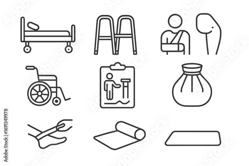 Post-Surgery Rehabilitation Icons. Outline icon set of post-surgery rehabilitation: hospital bed, walker, arm