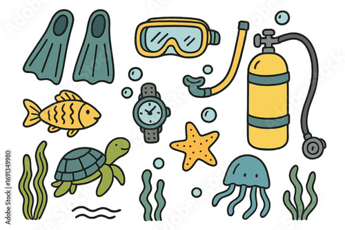 Doodle style scuba diving and snorkeling gear set. Underwater adventure collection with marine life elements. Vector cartoon illustration of fish, turtle, jellyfish, and icons.