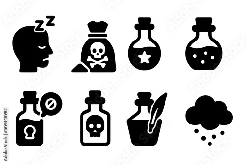Enchanted Nightshade Icons. Solid, filled icon set of enchanted nightshade uses: sleep spell, curse powder, invisibility potion,