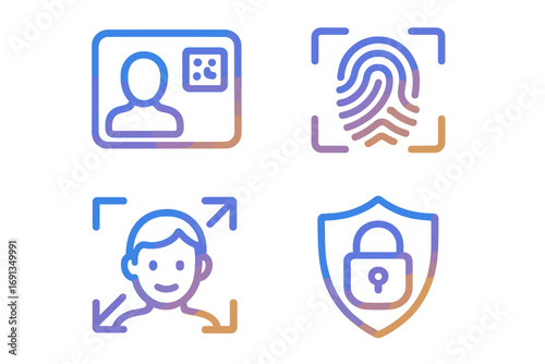 Biometric security icon set for digital identity and privacy. Vector gradient icons for authentication, fingerprint scan, face recognition, and data protection concepts.