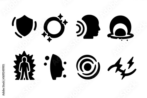 Energy Icon Set. Solid, filled icon set of energy fields: psychic shield, glowing ring, mental wave, energy dome, aura blast,