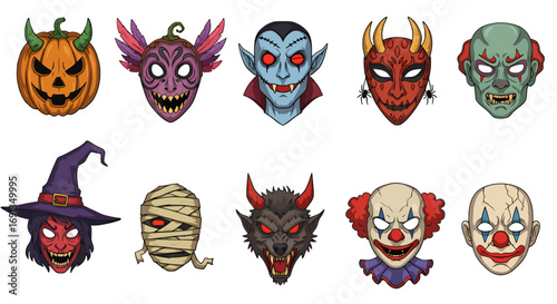 A collection of whimsical Halloween monster faces, including pumpkins, vampires, devils, and clowns.