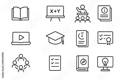 Consumer Education Icons. Outline icon set of consumer education: open book, chalkboard, seminar speaker, laptop course,