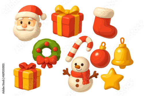 Cute 3D Christmas icon set. Santa, gift box, snowman, stocking, wreath, candy cane, bell, star. Festive plasticine vector cartoon illustration for winter holidays.