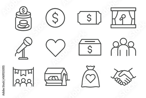 Fundraising Event Icons. Outline icon set of fundraising events: donation jar, dollar sign, ticket, stage,