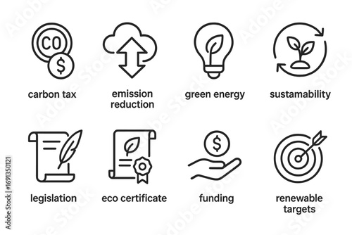 Energy Policy Icons. Outline icon set of energy policies: carbon tax, emission reduction, green energy, sustainability,