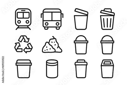 Transport Bin Icons. Outline icon set of public transport bins: train icon, bus icon, open bin lid, recycle