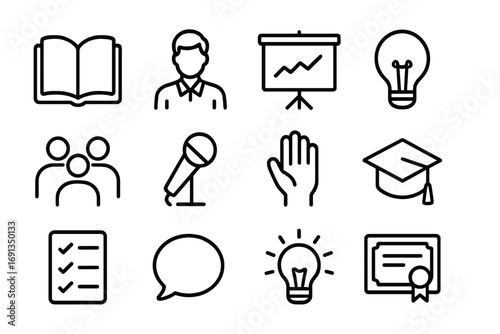 Empowerment Workshop Icons. Outline icon set of empowerment workshops: open book, mentor, presentation board,