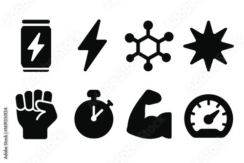 Energy Drink Icons. Solid, filled icon set of energy drink essentials: energy can, lightning bolt, caffeine molecule, burst splash