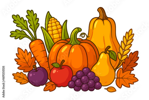 Autumn harvest cartoon vector illustration. Colorful collection of fall fruits and vegetables, pumpkin, corn, apple, grapes, and pear for a Thanksgiving seasonal food design.