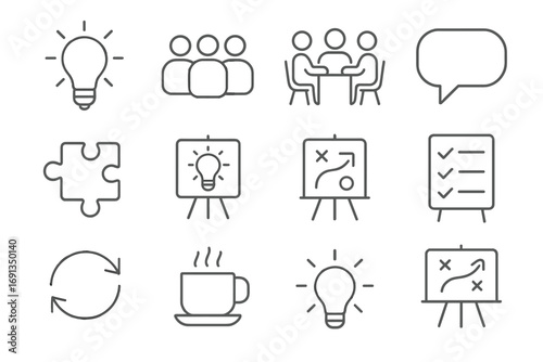 Team Brainstorming Icons. Outline icon set of team brainstorming sessions: light bulb, group of people,