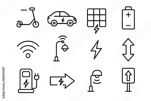 Smart Mobility Icons. Outline icon set of smart mobility with energy roads: e-scooter, EV car, solar road tile