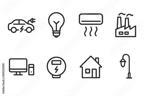 Energy Consumption Icons. Outline icon set of energy consumption: electric car, light bulb, air conditioner, factory, computer,