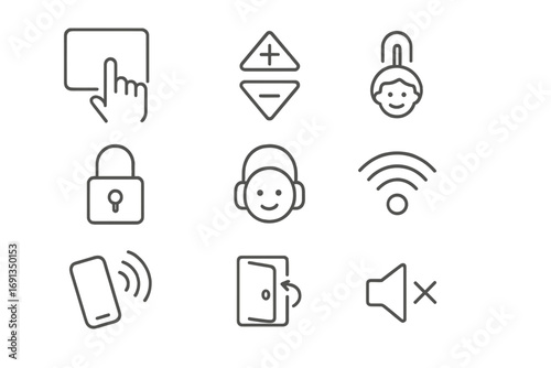 Control Panel Icons. Outline icon set of control panel and indicators: touch display, temperature up button, temperature down