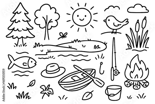 Lakeside doodle collection. Nature and fishing elements set. Vector cartoon illustration for camping, outdoor, summer vacation. Hand drawn line art icons. Lake life symbols.