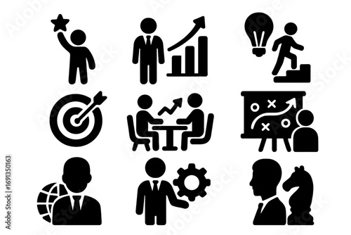 Business icon set glyph symbols for success, strategy, and growth. Vector illustration includes goal, teamwork, innovation, management and planning concepts for infographics.
