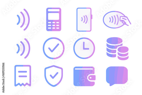 Contactless Payment Icons. Gradient icons set of contactless payment methods: NFC wave, POS terminal, smartphone tap, card tap,