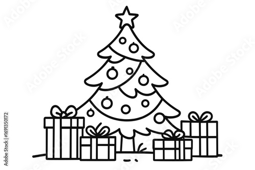 Christmas tree with presents line art vector. Festive holiday outline drawing for coloring book. Xmas gift boxes, star, and ornaments simple cartoon illustration concept.