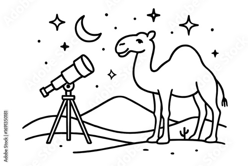 Camel in the desert with a telescope looking at the starry night sky. Line art vector illustration. Stargazing, astronomy, and celestial discovery concept with moon.