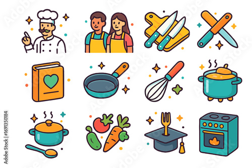 Cooking Class Icons. Colorful isometric vector icons set of attending cooking classes: chef instructor, students with aprons,
