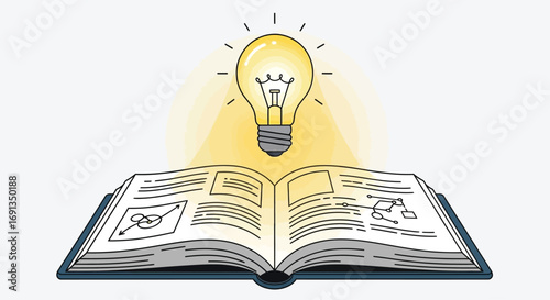 Open book with a glowing lightbulb symbolizing new ideas.