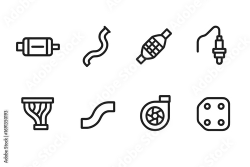 Engine Exhaust Icons. Outline icon set of engine exhaust system: muffler, exhaust pipe, catalytic converter, oxygen sensor,