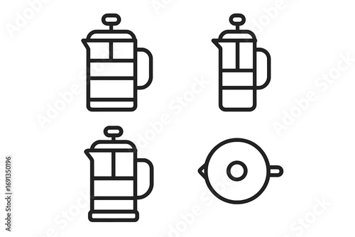 French press coffee maker line icon set. Minimalist vector illustration of a coffee pot from various views. Outline graphic for brewing, kitchenware, and beverage concepts.