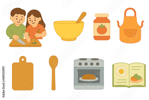 Cooking Together Icons. Flat vector mini-illustrations Couples cooking dinner in colors children's illustrations: cutting board,