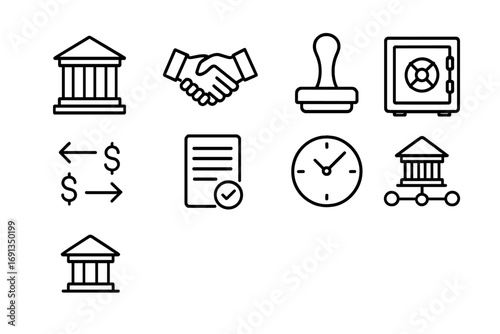 Clearing Icon Set. Outline icon set of clearing and settlement: clearing house, handshake, stamp approved,