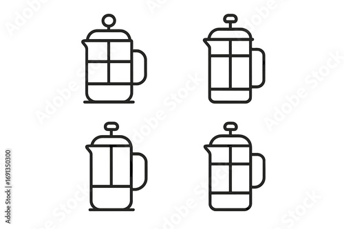 French press coffee maker line icon set. Minimalist vector illustration of kitchen equipment for brewing coffee. Simple outline graphic design element for caffeine lovers.