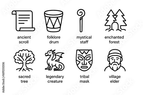 Epic Legends Icons. Outline icon set of epic legends: ancient scroll, folklore drum, mystical staff, enchanted forest, sacred tree
