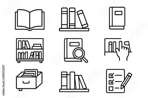Book and library icon collection. Linear vector graphics for education, reading, and research concepts. Icons for bookshelf, archive, search, study, and knowledge management.