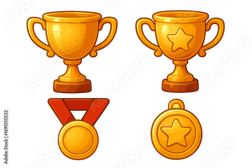 Collection of golden trophies and medals for awards. Vector cartoon illustration of champion prizes. Gold cup and star medal icons for winner, achievement, and victory.