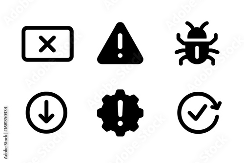 Error Warning Icons. Solid, filled icon set of report errors and warnings: error alert, warning sign, exclamation mark, bug,