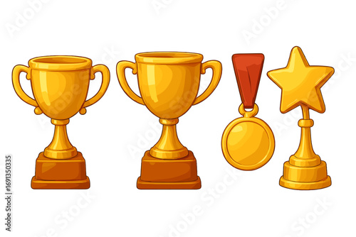 Golden trophy and medal collection for winners. 3D cartoon vector set for achievement, award, and victory. First place prize, champion cup, success symbol. Gold star award.