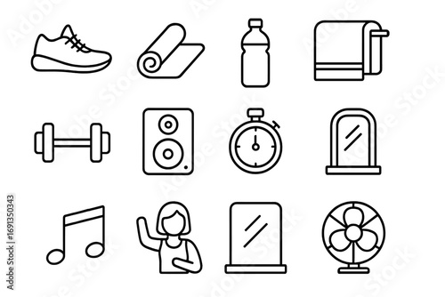 Dance Fitness Icons. Outline icon set of dance fitness classes: sneakers, yoga mat, water bottle, towel,