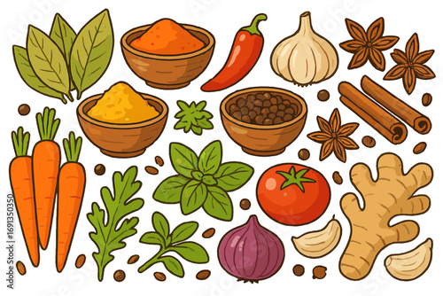 Cartoon vector set of spices, herbs, and vegetables for cooking. Culinary ingredients collection with ginger, garlic, chili, and basil. Healthy food and seasoning concept.