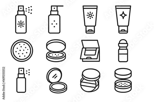 Cosmetic Icon Set Grid. Outline icon set of Finishes & setting products: dewy setting spray, matte setting spray, illuminating