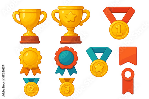 Colorful 3D award icons set with trophies, medals, and ribbons for achievement. Vector cartoon illustration for winners. Gold cup, prize champion, victory concept.