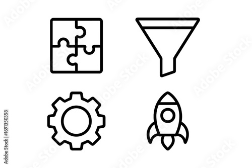 Vector line icon set for business strategy and data analytics. Puzzle for solution, funnel for sales conversion, gear for process, and rocket for startup launch. Web icons.