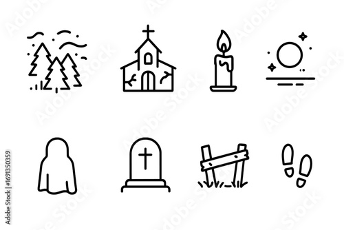 Ethereal Icon Set. Outline icon set of ethereal scenes: misty forest, abandoned church, flickering candle, floating orb, shadowy