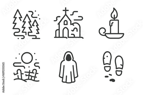 Ethereal Icon Set. Outline icon set of ethereal scenes: misty forest, abandoned church, flickering candle, floating orb, shadowy