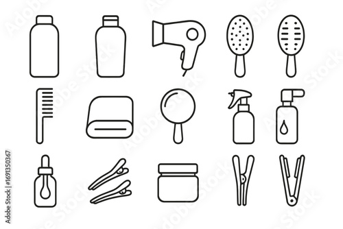 Hair Care Icons Grid. Outline icon set of hair care essentials: shampoo bottle, conditioner bottle, hair dryer