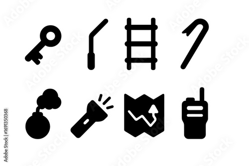 Escape Tools Icons. Solid, filled icon set of escape tools: key, lockpick, rope ladder, crowbar, smoke bomb, flashlight, map,