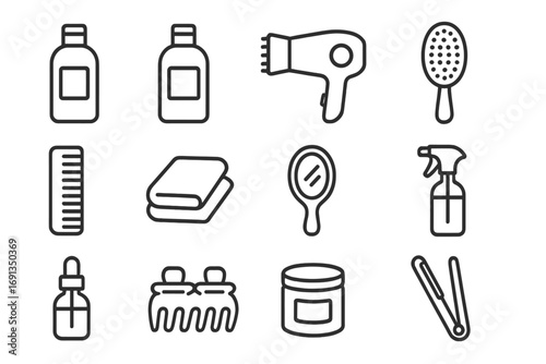 Hair Care Icons Grid. Outline icon set of hair care essentials: shampoo bottle, conditioner bottle, hair dryer