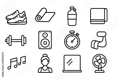 Dance Fitness Icons. Outline icon set of dance fitness classes: sneakers, yoga mat, water bottle, towel,