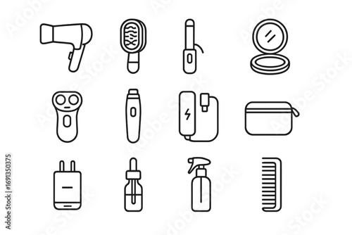 Compact Beauty Icon Set. Outline icon set of compact beauty gadgets: foldable hair dryer, travel brush, mini